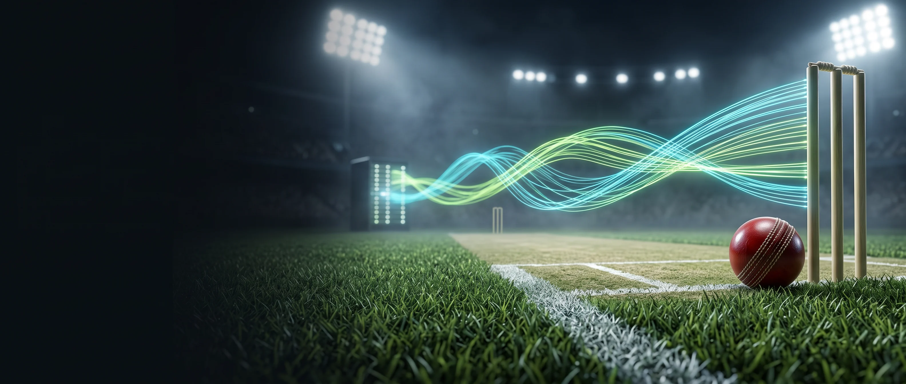 A fictional cricket pitch with abstract data signals moving from source to screen