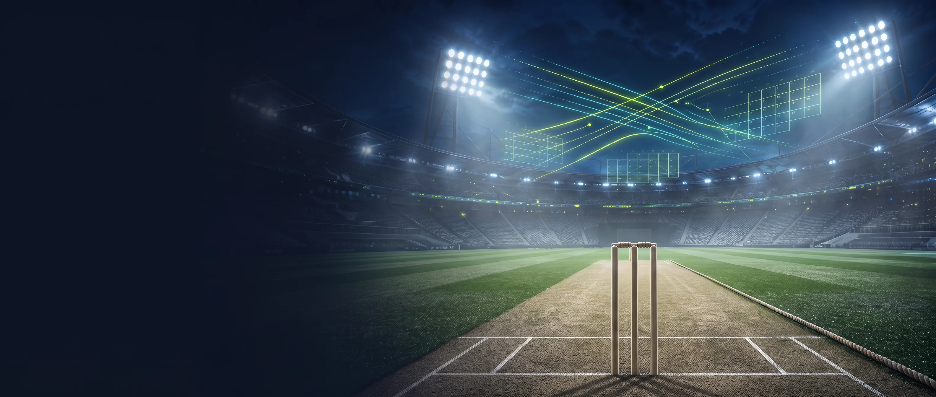 A fictional evening cricket ground with a subtle match pulse crossing the field