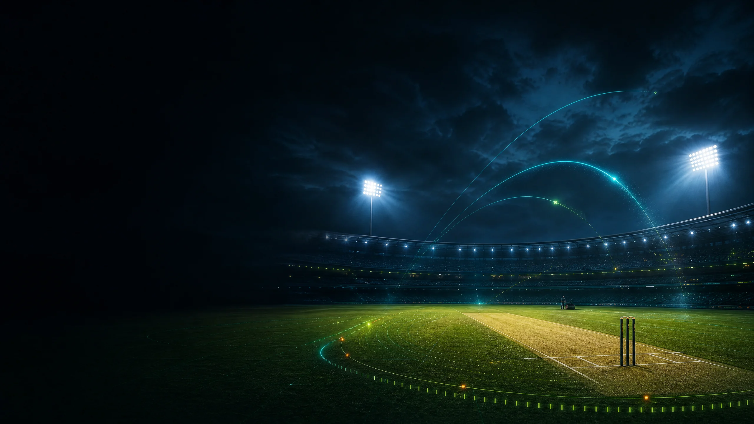 A fictional cricket ground at evening with an abstract match pulse crossing the pitch