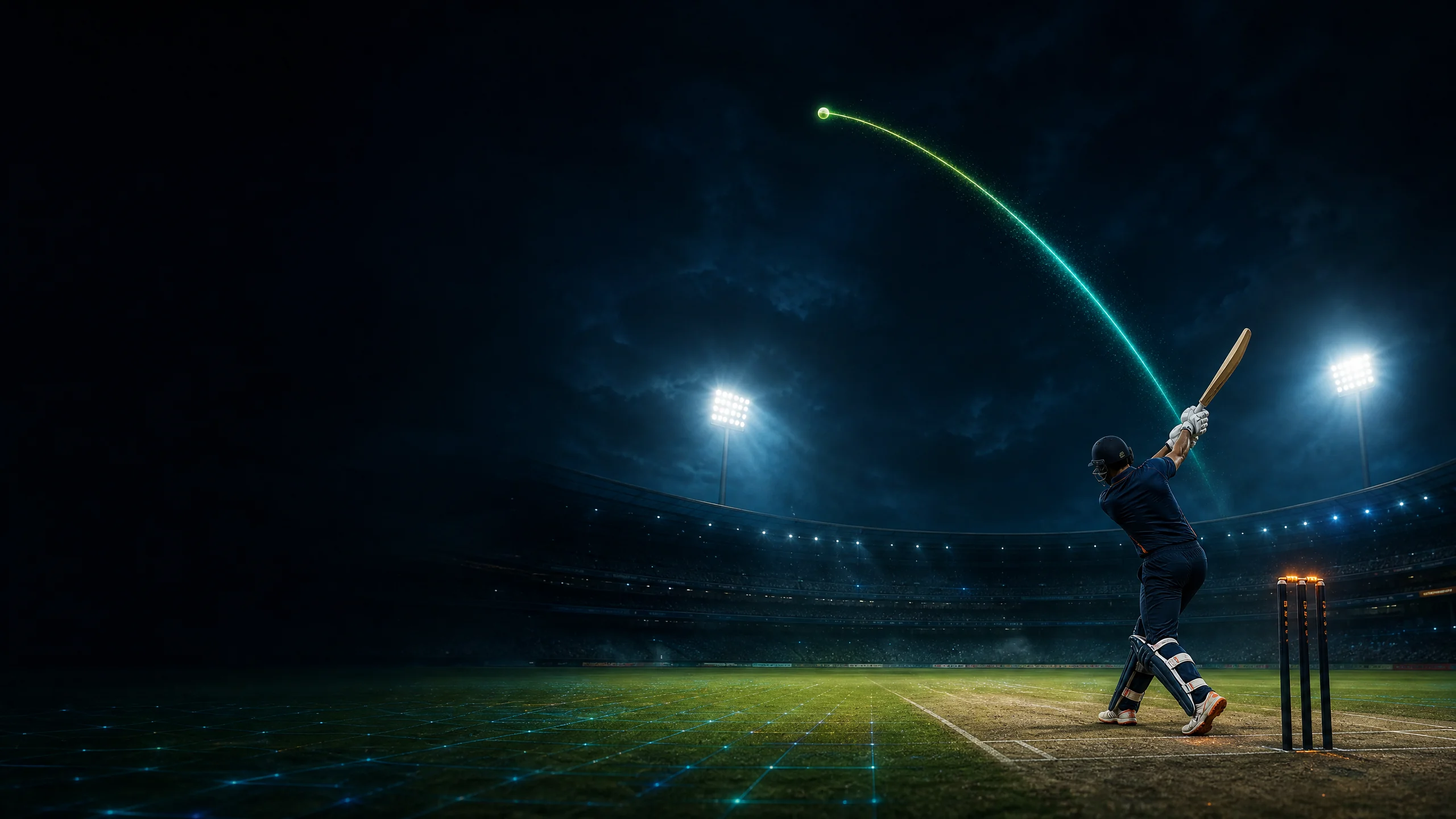 A fictional floodlit cricket pitch with abstract data signals travelling along the crease