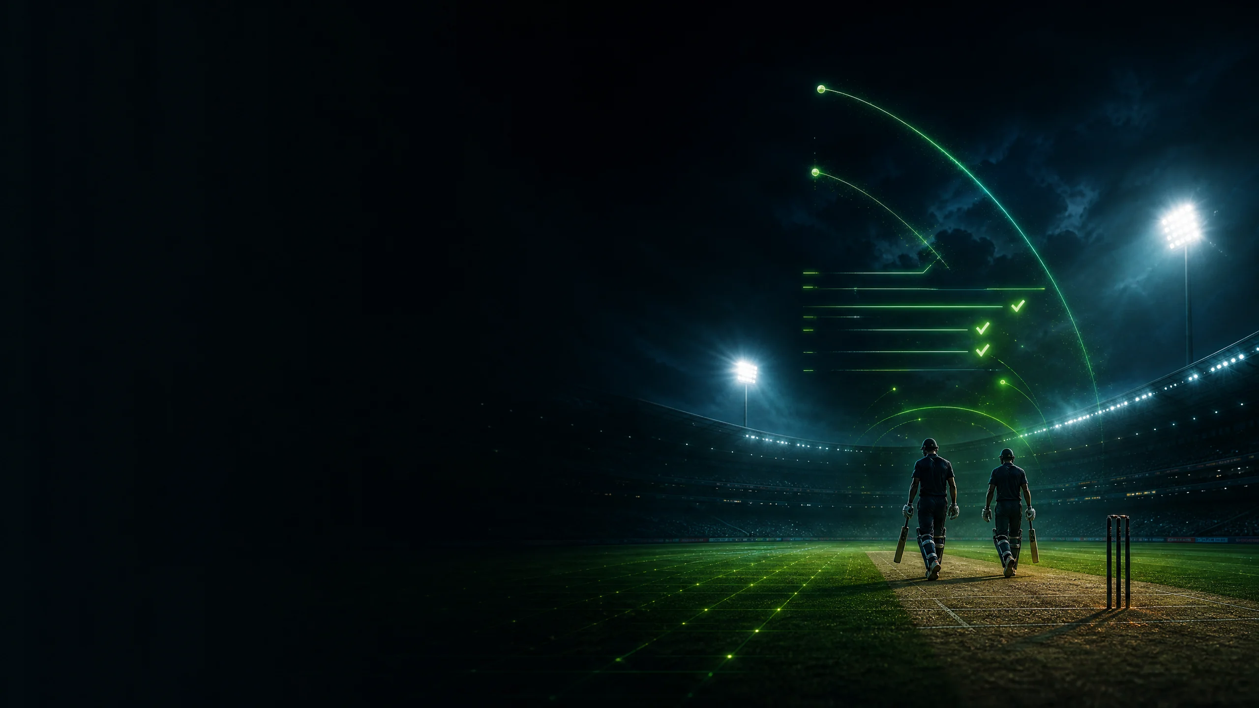 An empty cricket pitch after a match with subtle abstract timeline lights