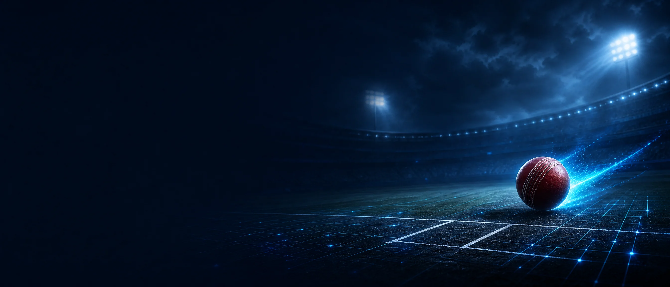 A fictional floodlit cricket pitch with abstract data signals moving along the crease
