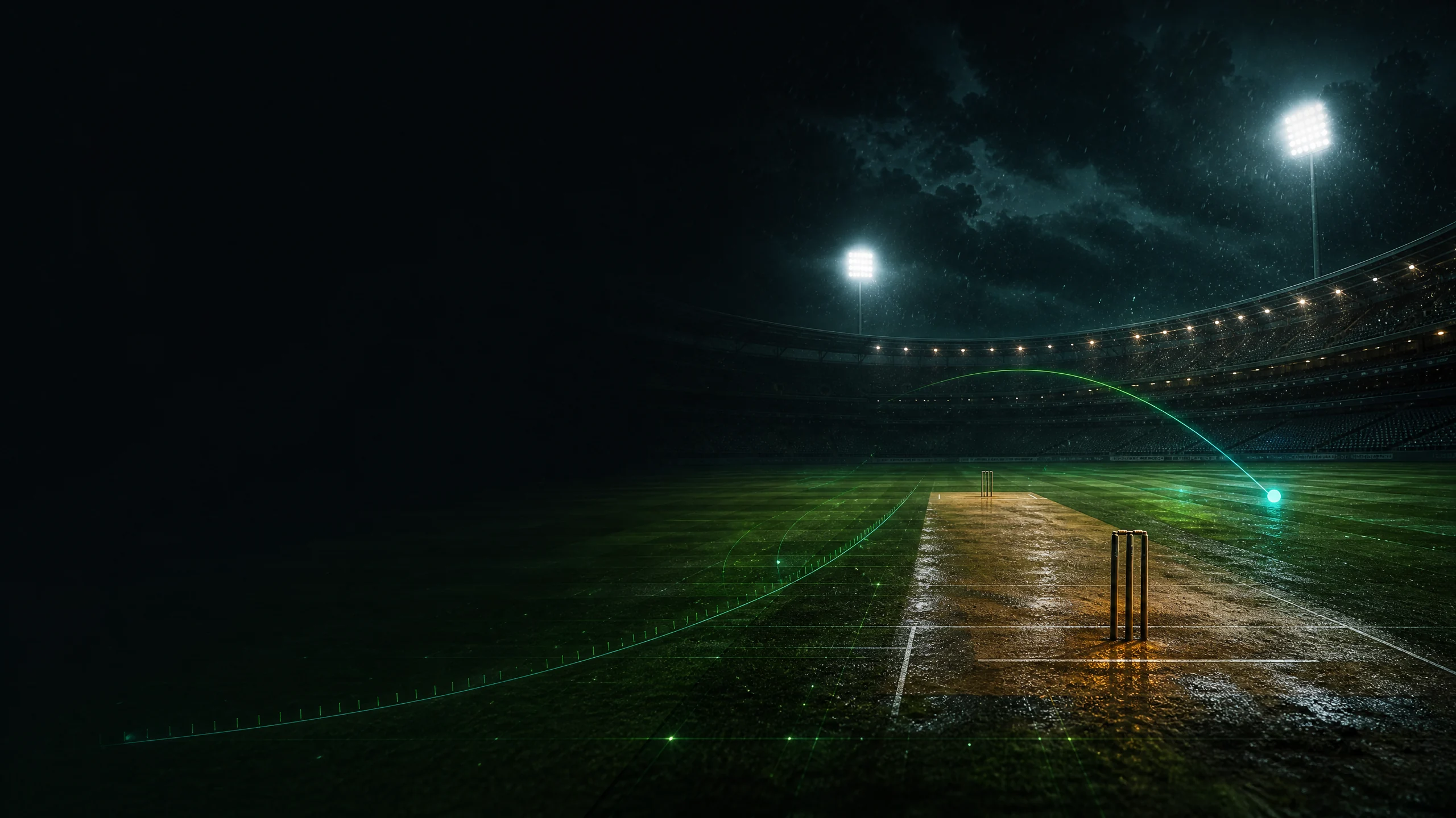 An empty cricket pitch after a match with restrained abstract timeline lights
